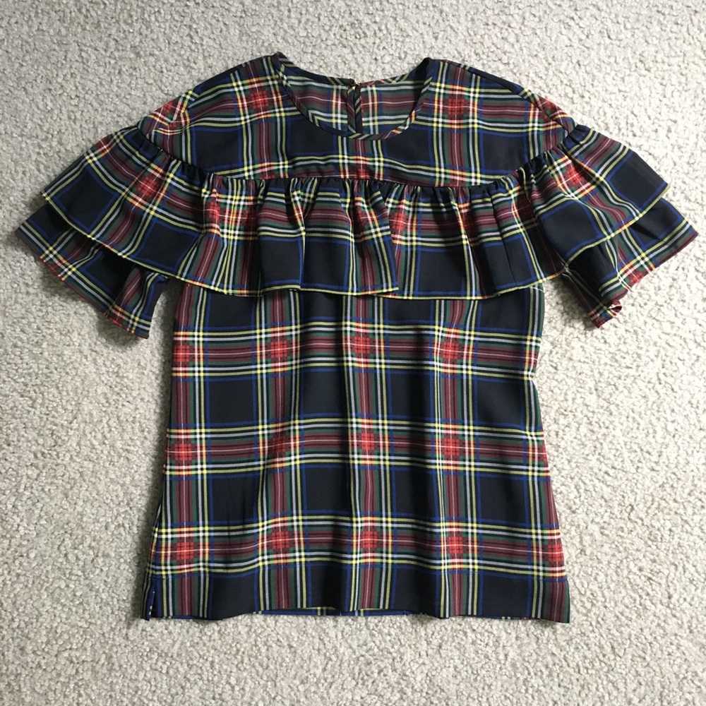 J Crew Plaid Top with Ruffles